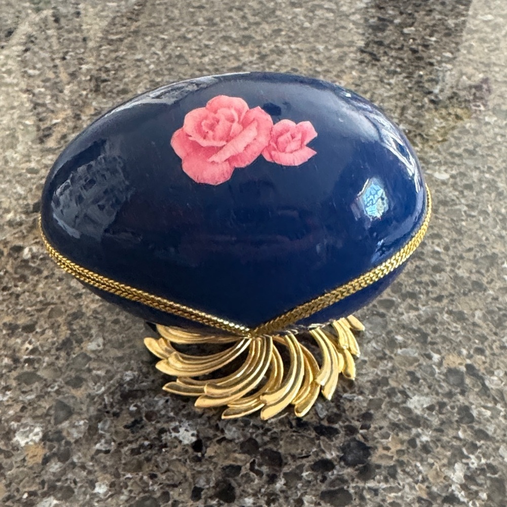 Decorative Blue Goose Egg with Gold and Rose Accents